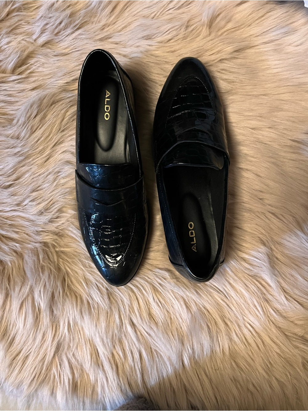 Aldo Black Patent Croc-Effect Slip-Ons
